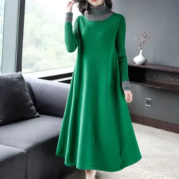 

New women Winter Turtleneck stripe knitting dresses Autumn Elegant Sweater dress vestidos plus size Long dresses Clothing Ladies