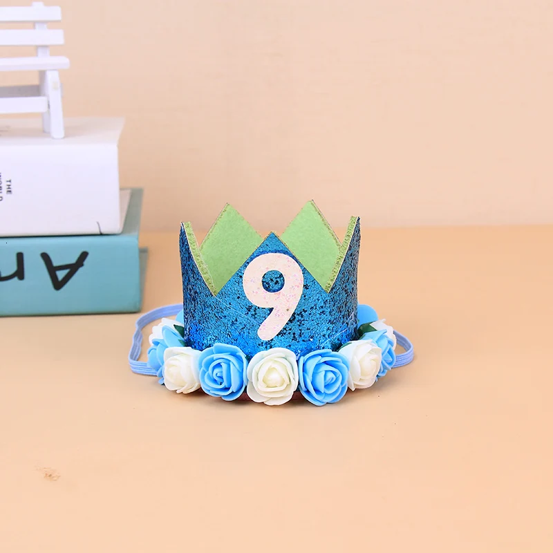 Baby Girl Boy One 1 2 3 4 5 6 7 8 9 years old hat crown headbands decoration For children birthday party decorations - Цвет: Blue 9 age