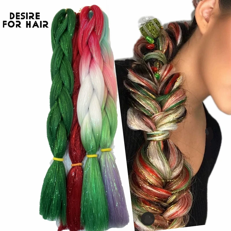Desire for Hair 5Packs Synthetic Braiding Hair Christmas Colors Mix Tinsel Glitter Green Synthetic Hair Extensions Jumbo Braids