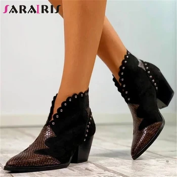 

SARAIRIS Retro Lady Rivet Fashion Casual Brand Boots Spring High Heels Ankle Boots Women Pointed Toe Patchwork Shoes Woman