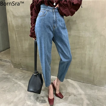 

BornSra Women Wide Leg Jeans Pants Spring Casual High Waist Loose White Denim Jeans Female Buttons Street Style Trousers 2020