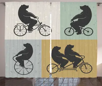 

Vintage Window Curtains Big Bear on a Bike Bicycle Cycling Hipster Circus Life Outdoor Animal Enjoy Living Room Decor Bedroom
