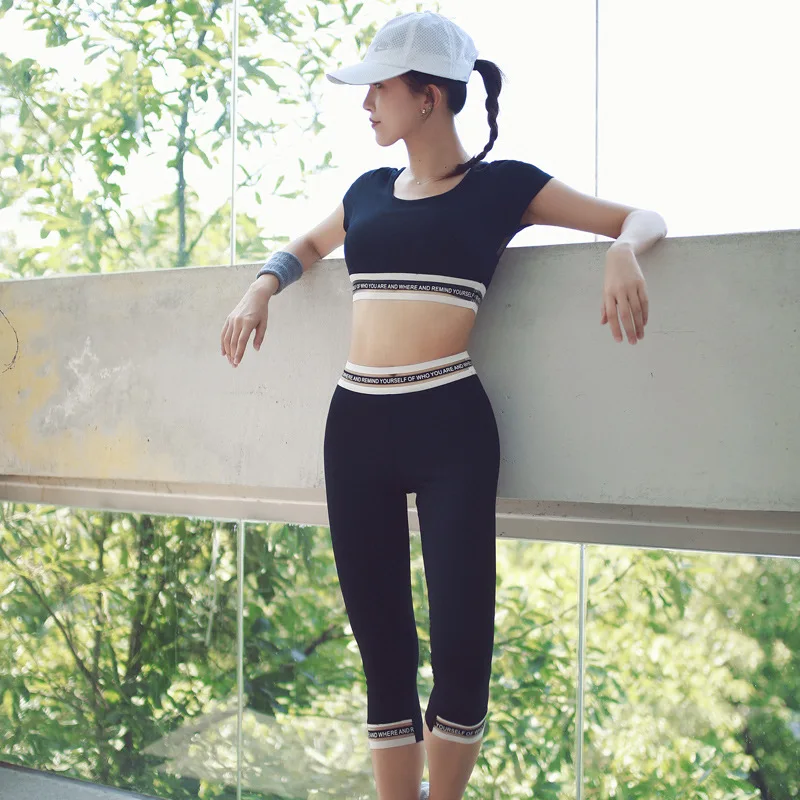 

Women Tracksuit Black Yoga Set Patchwork Running Fitness Jogging T-shirt Leggings Sports Suit Gym Sportswear Workout Clothes