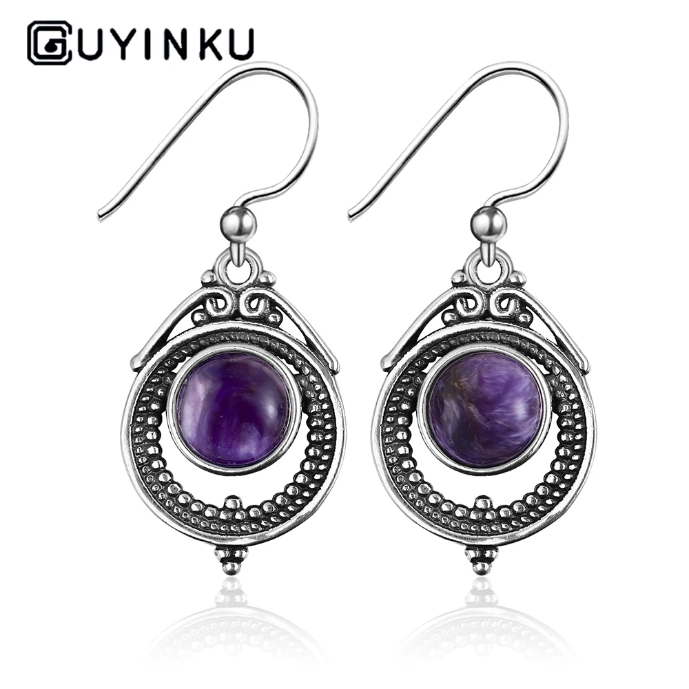 

925 Sterling Silver Engagement Earrings Charm 7x7MM Round Natural Charoite Drop Earrings For Women Vintage Fine Jewelry Gifts