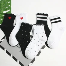 6 пар женские осенние полосатые хлопковые однотонные кружевные повседневные Дышащие Модные носки в горошек