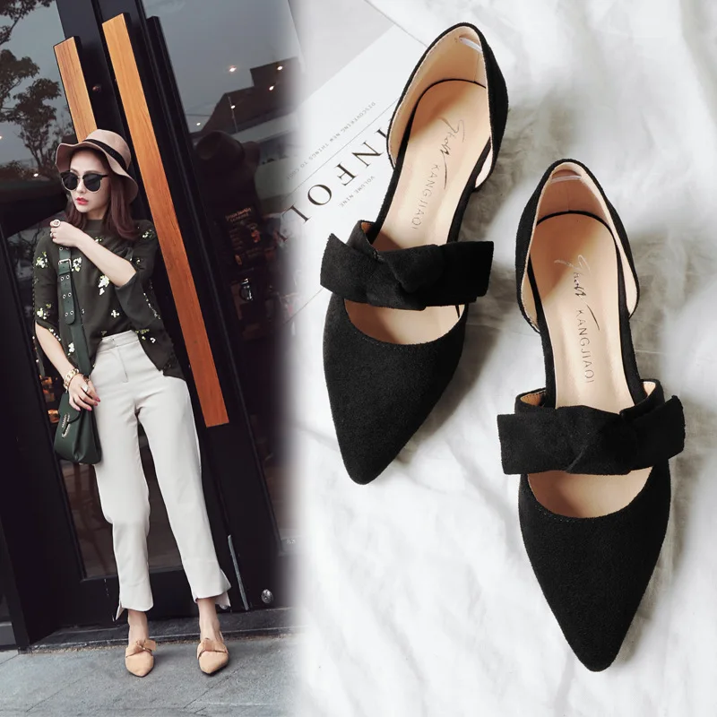 

2019 Korean-style Summer Shallow Mouth Bow Chunky-Heel Closed-toe Versatile Pointed-Toe Low Heel Foot Covering WOMEN'S Shoes