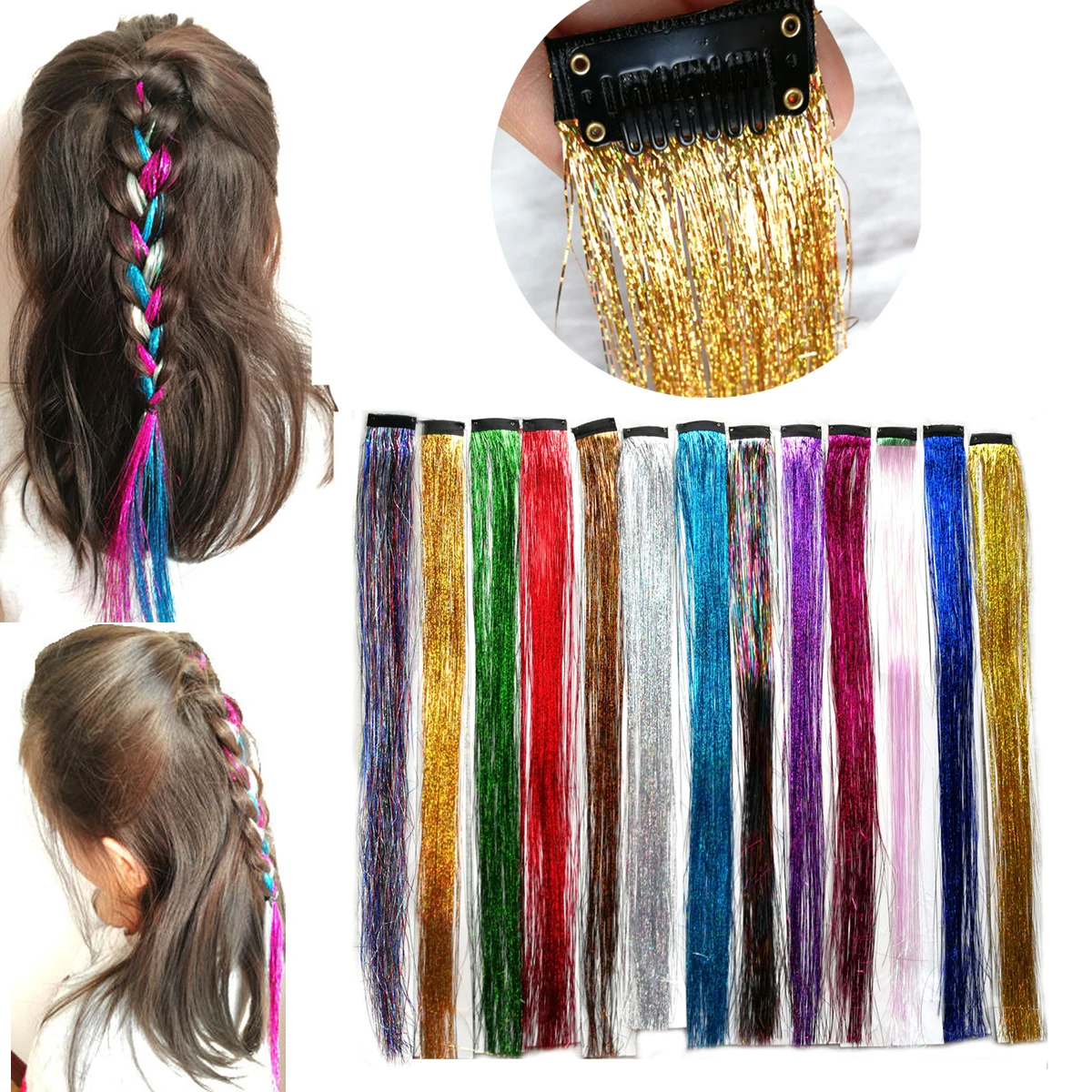 Sparkle Bling Hair Tinsel Clip in Glitter Sparkling Synthetic Hair Extensions for Kids Girls Women Headdress Party Accessories