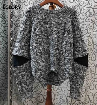 

2019 Autumn Fashion Grey Sweaters High Quality Women Black Color Block Patchwork Long Sleeve Casual Knitted Pullovers Ladies