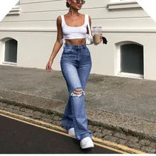 

Ladies Jeans Slim Fit Wide Leg Pants Ripped Casual Jeans Flared Pants Straight High Waist Stretch Women's Fashion Boyfriend
