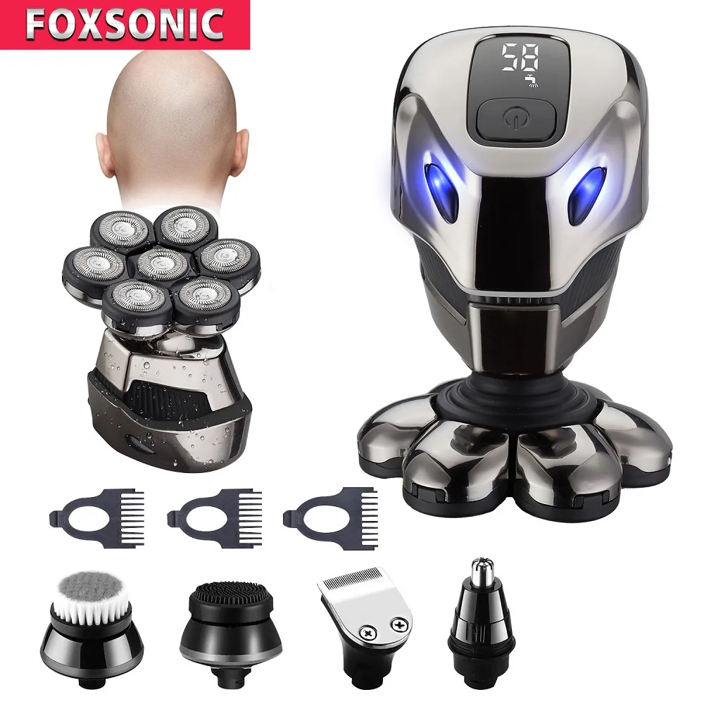 FOXSONIC Electric Shaver Razor For Men's Trimmer Wet And Bald Head Dry Razor 7D Head Waterproof LED Display Machine For Shaving