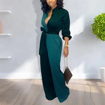 

Casual Deep V-Neck Patchwork Long Sleeve Jumpsuits Women Jumpsuits Streetwear Button Loose Office Jumpsuit