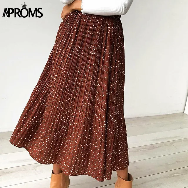 US $8.99 Aproms White Dots Floral Print Pleated Midi Skirt Women Elastic High Waist Side Pockets Skirts Summ