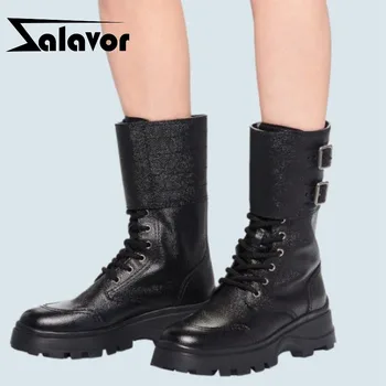 

ZALAVOR Real Leather Women Mid Calf Boots Women Winter Shoes Woman Buckle Fashion Platform Short Boots Footwear Size 34-39