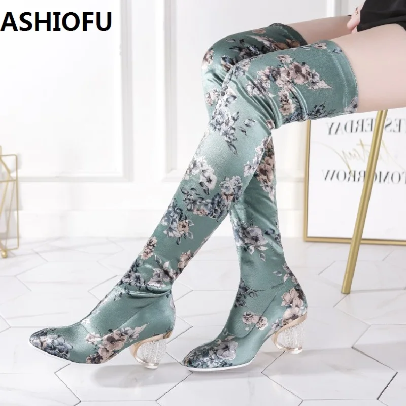 flower thigh high boots