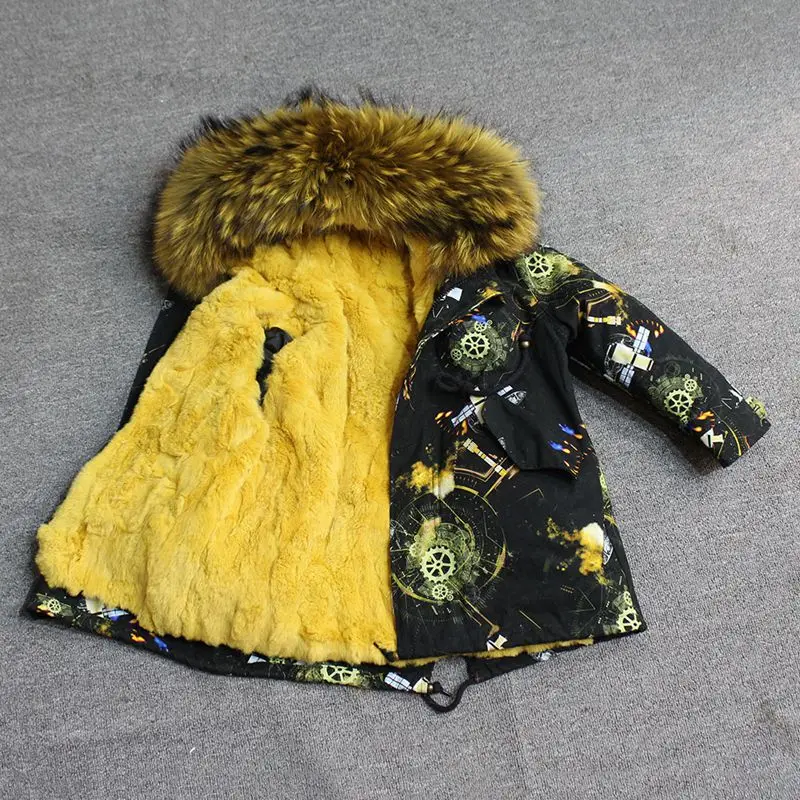 Одежда для маленьких девочек зимняя куртка с натуральным мехом парка, ветровка для мальчика с большим мехом, пальто с капюшоном для девочек, детские куртки, одежда - Цвет: green yellow fur