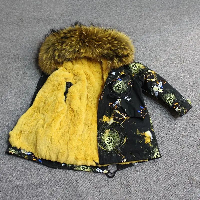 green yellow fur Одежда для маленьких девочек зимняя куртка с натуральным мехом парка, ветровка для мальчика с большим мехом, пальто с капюшоном для девочек, детские куртки, одежда - Цвет: green yellow fur
