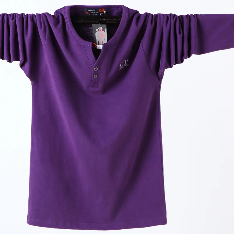 Большой размер 4XL 5XL 6XL Мужская свободная футболка с v-образным вырезом Осенняя Новая модная повседневная хлопковая футболка с длинными рукавами Мужская брендовая одежда - Цвет: Фиолетовый