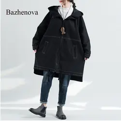 Bazhenva/женское джинсовое пальто для девочек; однотонная зимняя ветровка; женская Свободная куртка в стиле пэчворк; большие размеры; пальто; R206
