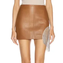 Australia Popular Brand 2020 Spring-Style Tassels Drilling PU Leather Short Skirt Women's High Waist Skirt Irregular Sheath