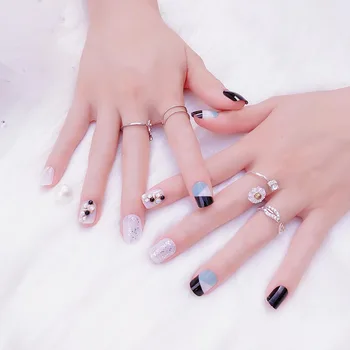 

24Pcs/box with 2g glue Artificial Finished Fake Nail press on Nail Art Jewelry Rhinestone Blue Black False Nails Patch Flower