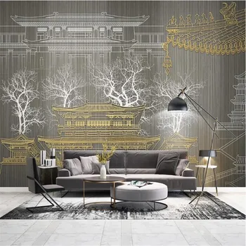 

Custom 3d golden embossed carved lines ancient building tv sofa background wall