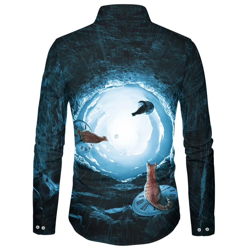 YOUTHUP повседневные мужские рубашки с 3D принтом забавных кошек Slim Fit рубашки с длинным рукавом Homme уличная модная блузка Топ 5XL