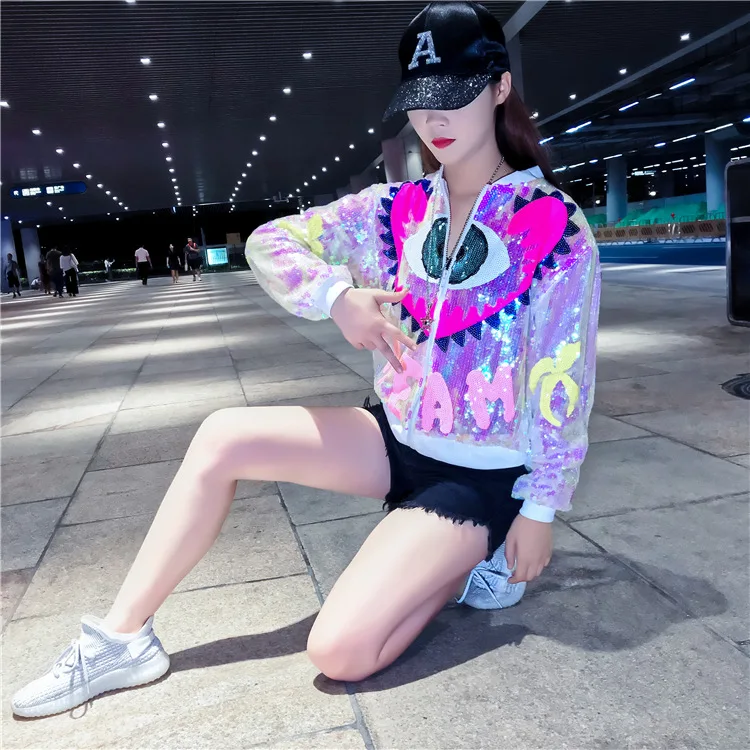 

Color Eyes Coat 2019 Autumn New Style Stand Collar Versatile Sequin Long Sleeve Color Jacket Baseball Uniform Coat Women's