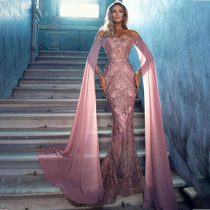 Pink Evening Dresses Off the Shoulder Lace Appliques Mermaid Prom Dress Beaded Customize Women Formal Celebrity Gowns | Свадьбы и