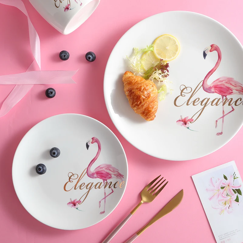 Керамические обеденные тарелки тарелка с Фламинго Скандинавская посуда фарфоровый поднос закуски блюда для ресторана вечерние сервировки десертная тарелка