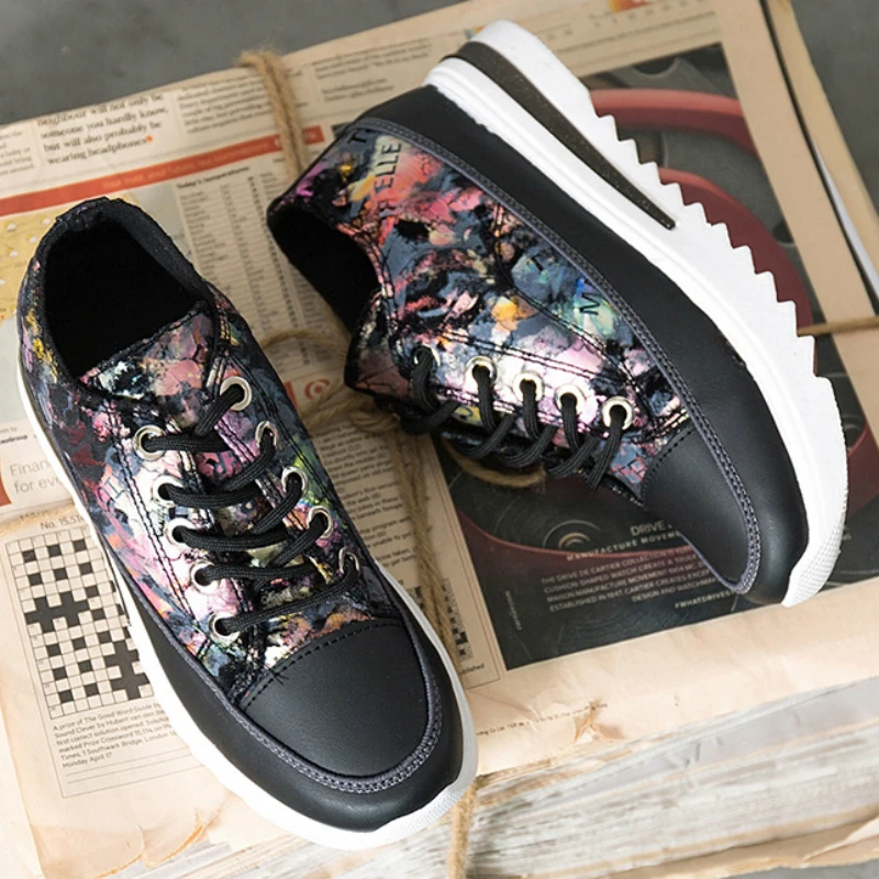 Women Sneakers Wedges Canvas-Shoes Platform Lace-Up Round-Toe High-Heel Height Student
