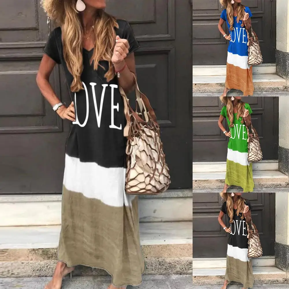 

Women Casual Short Sleeve V Neck Color Block LOVE Print Loose Beach Long Dress