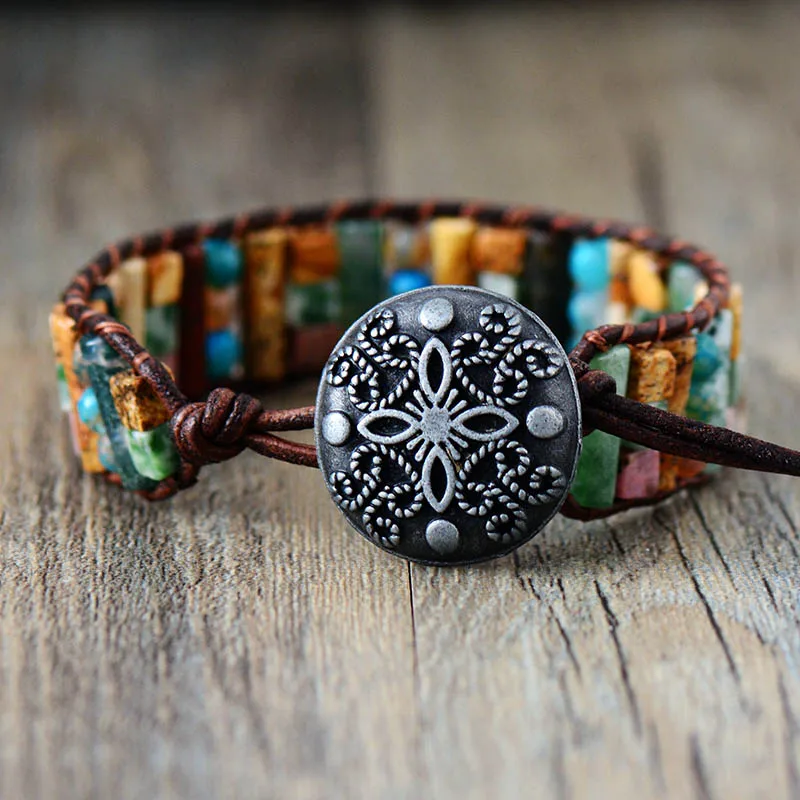 Tube Shape Natural Stones Single Leather Wrap Bracelet Semi Precious Stone Beaded Cuff Bracelet Women Boho Bracelet Dropshpip