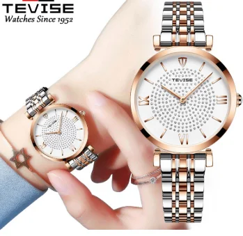 

TEVISE T09 Multi-Function Watch Starry Diamond Woman Watch Stainless Steel Strap Ladies Quartz Watch