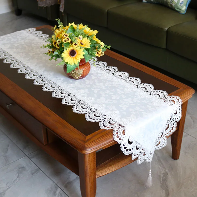 French Simplicity Lace Trim Fabric Table Runner Mat Piano Refrigerator Meal Desk Cover Cloth Study Room Living Party Decoration