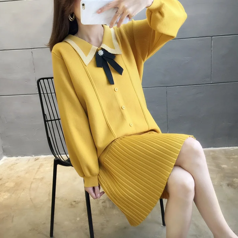 

2019 Autumn Butterfly Tie Knitted Long-sleeved Dress Women Sweet Preppy Style Knitting Bottom Mermaid Dress