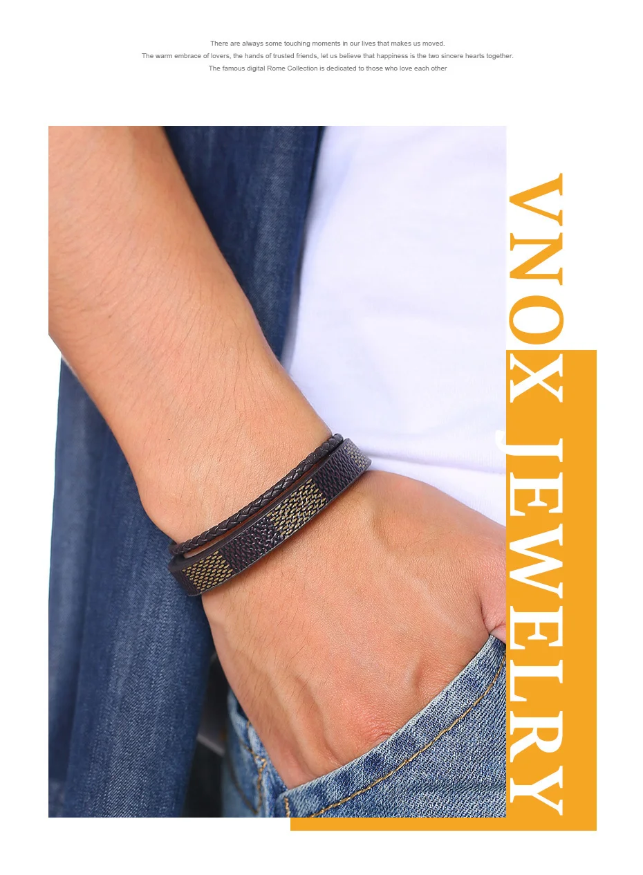 Vnox стильные Многослойные браслеты из натуральной кожи для мужчин, повседневные мужские ювелирные изделия с магнитной застежкой из нержавеющей стали