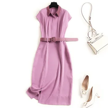 

Women work office elegant plus size dress summer 2020 short sleeve color block turn down collar slit belt dresses purple blue