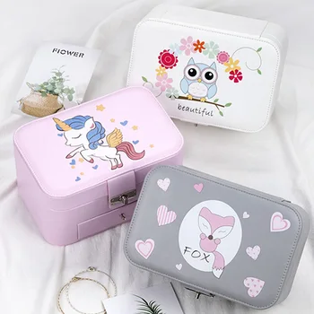 

Cartoon Printing Double Layers Jewelry Box Travel Portable PU Leather Ring Necklace Jewel Organizer Box Ladies Birththday Gift