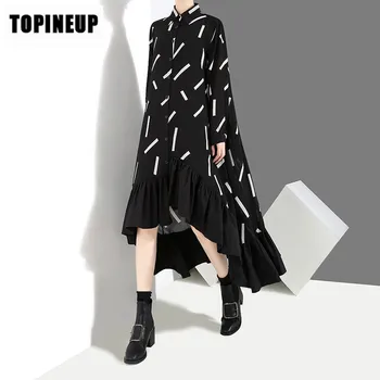 

Spring Autumn Leisure Lazy Style Large Size Long Sleeve Ruffles Dress Asymmetry Lapel Stripe dresses Sell Well