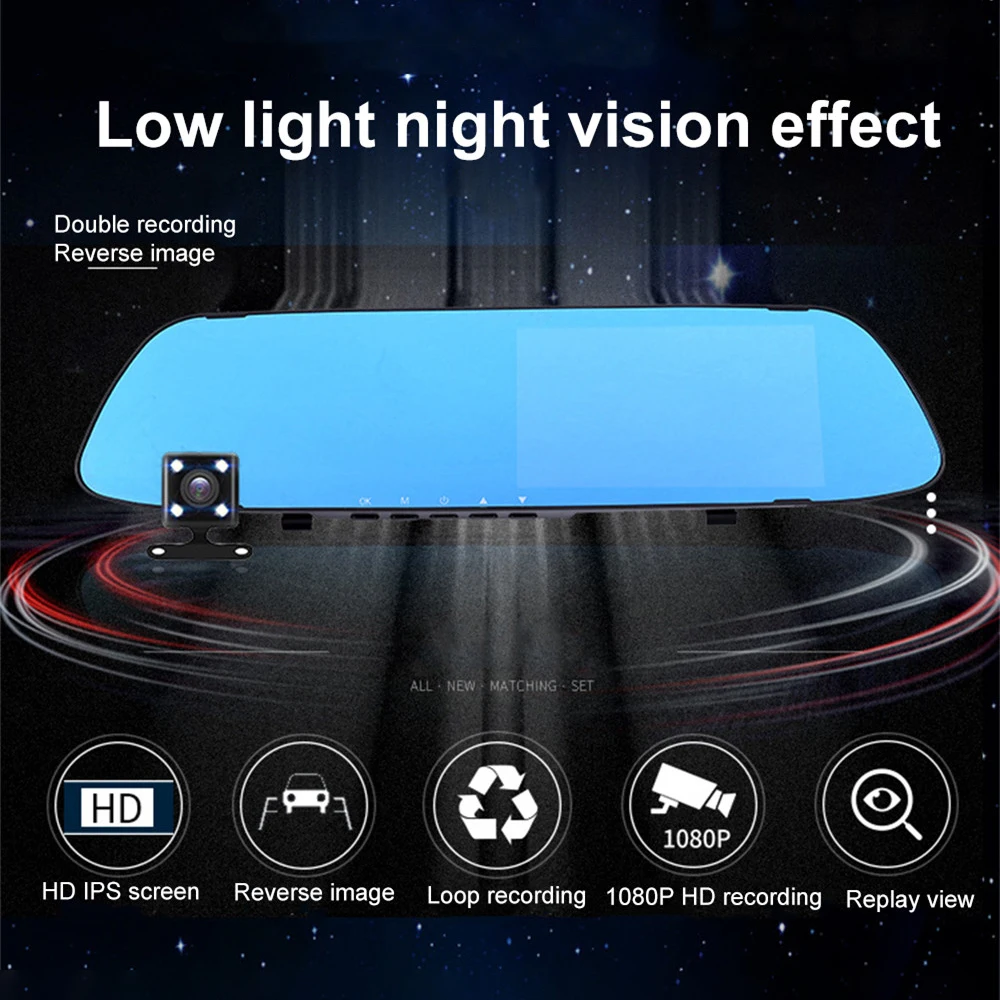 

5'' Rearview Mirror Camera Dual Lens Video Recording HD Reverse Image Vehicle DVR Stream Media Large View Dashcam Cameras V8