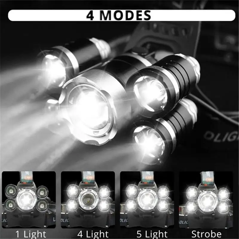Высокомощный перезаряжаемый T6 XPE 5led головной светильник на открытом воздухе