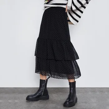 

Chic Women Skirt Spring 2020 New Fashion Flocking Dots Mesh Cascading Ruffles Elastic Waist Modern Lady Black Long Skirts