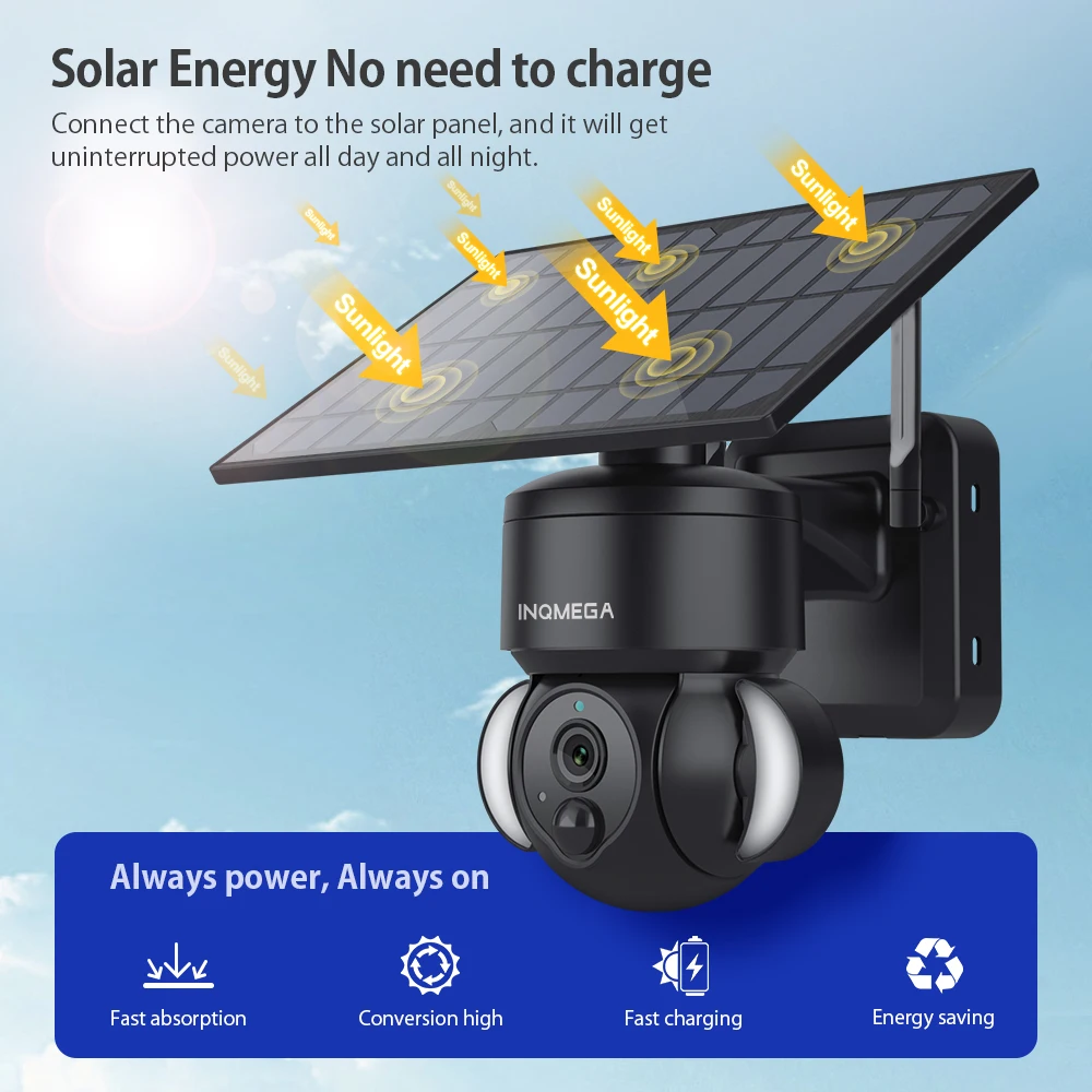 INQMEGA TUYA Camera with Solar Panel, PIR Motion Detection, Can Be Installed Separately, Video Surveillance CCTV Supports Alexa