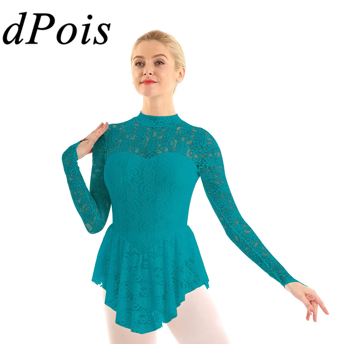 DPOIS Mock Neck Ballet Gymnastics Leotard Dress for Women Ballerina Dance Wear Adults Lace