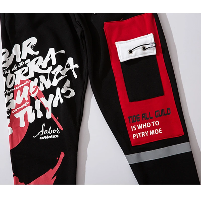 Aolamegs Sweatpants Cool Letter Print Pants Men Elastic Waist Harajuku Patchwork Ribbon Harem Pants Baggy High Street Streetwear