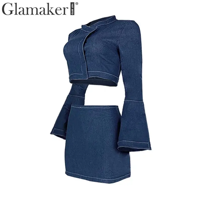 Glamaker комплект из двух предметов, короткое джинсовое платье с расклешенными рукавами, женское Синее джинсовое платье с высокой талией, сексуальное Клубное облегающее платье А-силуэта размера плюс