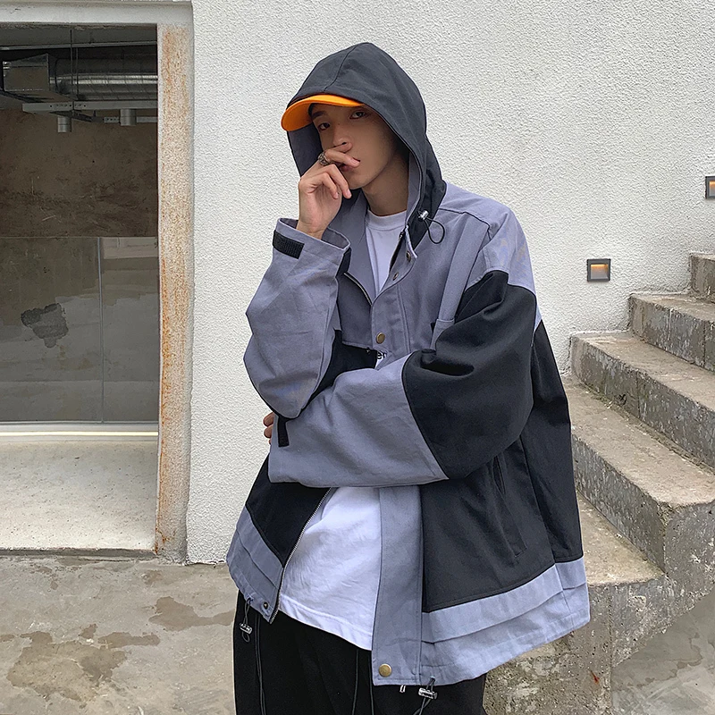 

Autumn New Tooling Jacket Men Fashion Contrast Color Casual Hooded Jacket Man Streetwear Wild Hip Hop Loose Bomber Jacket Male