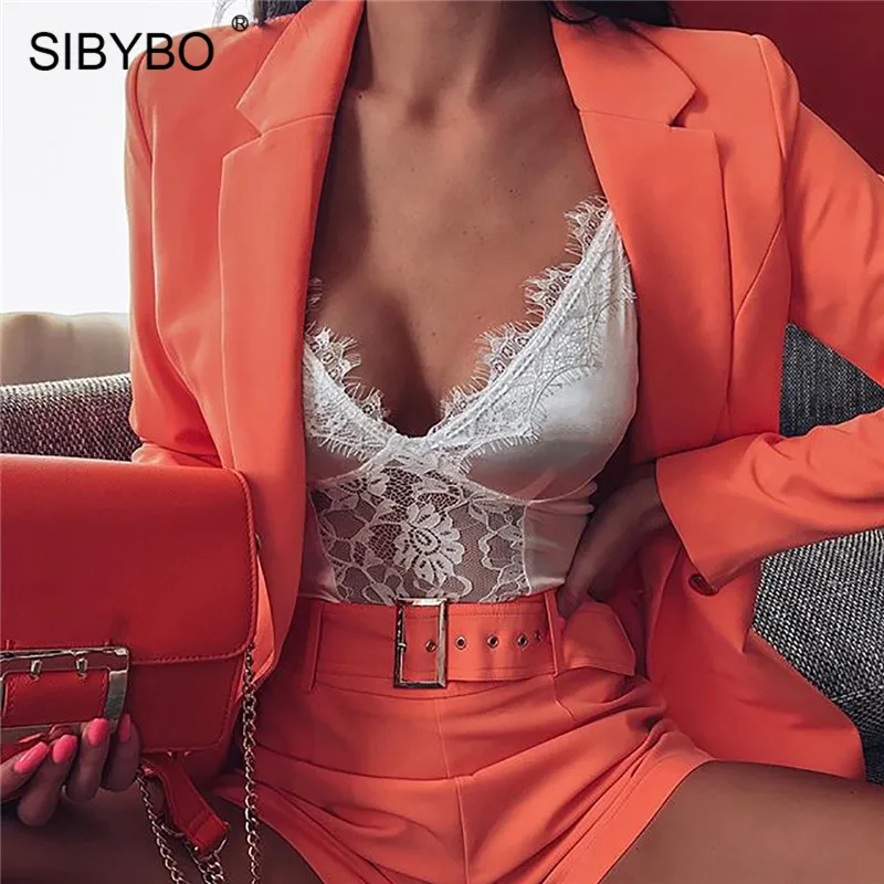 SIBYBO/осенний Женский блейзер с высокой талией и шорты, комплект с длинными рукавами, с открытым стежком, повседневный комплект из двух предметов, женские пояса, повседневный Женский комплект