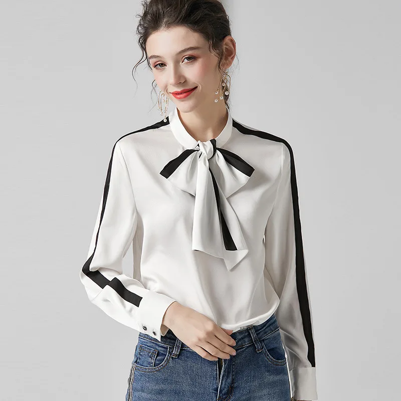 

White Stain Silk Blouse Loose Ladies Tops Women Long Sleeve Shirts Bow Collar High Quality Clothes Elegant Contrast Color Blouse