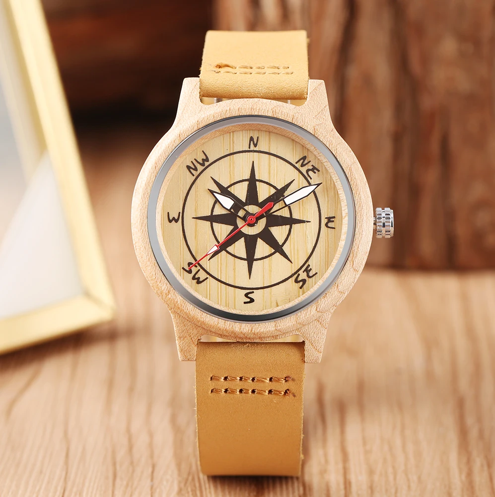 

Men Wooden Watches Compass Dial Quartz Watch Leather Watchstrap Maple Wood Best Gift For Dad Husband Relogio Masculino